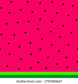 Watermelon seeds and rind (skin) background. Black watermelon seeds on the pink background, striped dark and light green rind. Vector illustration.