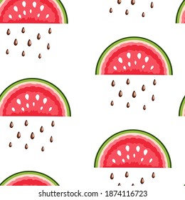 Watermelon and seeds. Seamless pattern with slices and seeds of red watermelon on a white background for fashion prints, fabrics, wallpaper, wrapping paper. Vector illustration.