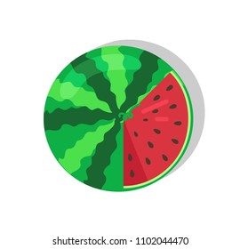Watermelon with seeds, sweet summer product and stripes, juicy fruit of rounded shape delicious food, vector illustration isolated on white background.