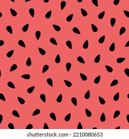 Watermelon seeds vector seamless pattern. Black random dots on red nackground. Best for kitchen textile, wallpapers, home decoration, wrapping paper, package and web design.