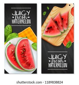 Watermelon servings 2 realistic vertical banners with juicy triangle wedges on cutting board black background vector illustration 