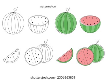 colección 2D de sandía, llena de fruta y cortada a la mitad