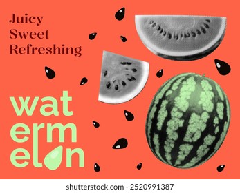 watermelon set concept design with slices seeds text retro halftone grunge dotted black white cut-out collage elements bright orange background summer poster