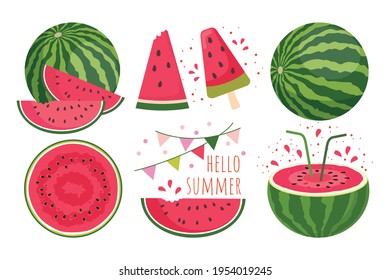 Watermelon set: watermelon cut, half, slices, large watermelon, ice cream, words hello summer. Vector, white background, isolated.