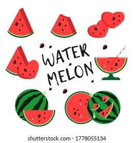 Watermelon set. For design of postcards, banners, and stickers. Vector Illustrations isolated on a white background.