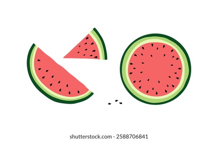 Watermelon, a set of different sliced pieces, hand-drawn, isolated on white, flat design, vector. A simple color illustration of a sweet juicy summer dessert. An element for decoration, celebration