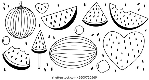 Watermelon set in doodle style. Slices of watermelon vector sketch set