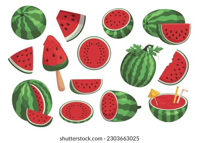 Watermelon Set Includes Juicy Slices, Refreshing Beverages, And Popsicle Ice Cream For A Summer Picnic Or Pool Party. Isolated Icons Perfect For Tropical-themed Events. Cartoon Vector Illustration