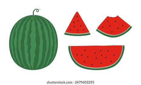 Watermelon set. Natural summer exotic dessert, tropical fruit. Whole watermelon, slice and piece isolated on white background. Healthy food, Colored flat vector illustration