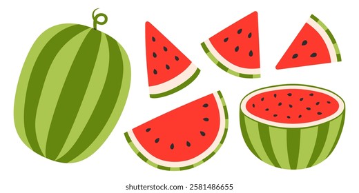 Watermelon set. Ripe fruit pieces, halved and triangular slices, whole watermelon, seed. Collection of organic vitamins and healthy nutrition. Flat Vector illustration isolated on white background