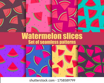 Watermelon set of seamless pattern. Triangular slices of watermelon. For brochures, promotional material and wallpaper. Vector illustration