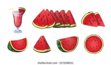 Watermelon set vector illustration. Cartoon isolated fresh slices and wedges of summer healthy big berry, ripe red watermelon pieces with seeds and green peel, juicy tropical smoothie in glass