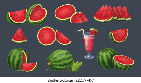 Ilustración vectorial del conjunto de sandías. Caricatura aislada de sandía entera madura y cortada a la mitad, jugo sano de rojo dulce en vidrio, rodajas y partes de postre natural orgánico, trozos de diferente forma