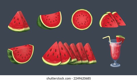 Watermelon set vector illustration. Cartoon isolated fresh slices and wedges of summer healthy big berry, green peel and ripe red watermelon pieces with seeds, juicy tropical smoothie in glass