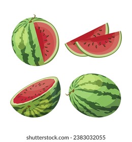 sandía entera y sandía cortada aislada sobre fondo blanco. Ilustración de frutas, vector