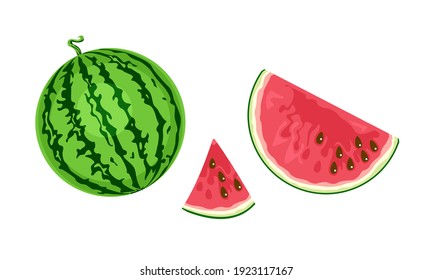 Watermelon set. Whole fruit and slices isolated on white background. Vector food illustration in cartoon flat style.