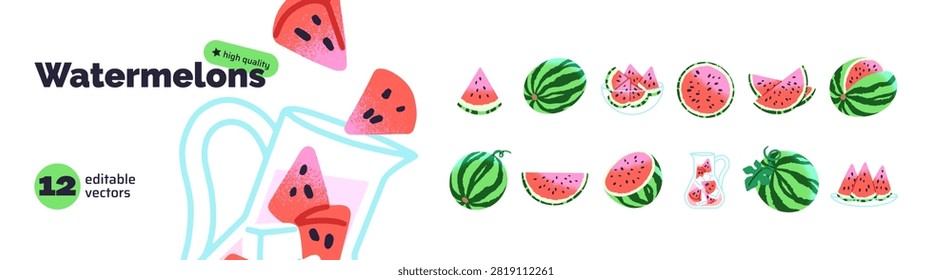 Watermelon set. Whole, halves and pieces of ripe tropical fruit with red pulp. Healthy exotic food. Slices of natural dessert, sweet summer plant. Flat isolated vector illustrations on white