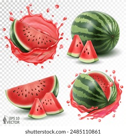 Watermelon set, whole and slices fruits isolated on a white background. Realistic transparent splash of fresh natural juice, summer drinks concept. 3D food illustration, advertising design