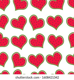Watermelon in the shape of a heart seamless pattern on white background. For printing, website, fabric, cover, Wallpaper, postcards.
