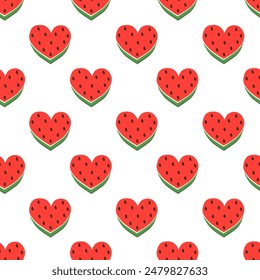 Watermelon in shape heart Vector Seamless Pattern. Food Background. Summer fruit wallpaper. Flat illustration.