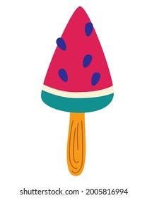 Watermelon shaped ice cream. Summer theme. Ice cream in the shape of triangle. Ice cream dessert, watermelon, Eskimo, Fruit. Flat cartoon vector illustration isolated on white background.