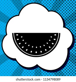 Watermelon sign. Vector. Black icon in bubble on blue pop-art background with rays.
