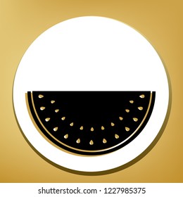 Watermelon sign. Vector. Black icon with light brown shadow in white circle with shaped ring at golden background.
