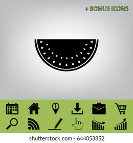 Watermelon sign. Vector. Black icon at gray background with bonus icons 