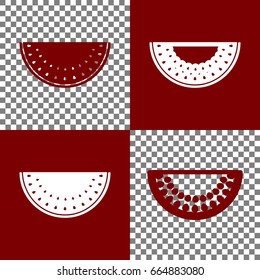 Watermelon sign. Vector. Bordo and white icons and line icons on chess board with transparent background.