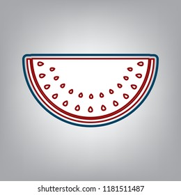 Watermelon sign. Vector. Dark red, transparent and midnight green stroke of white icon at grayish background.