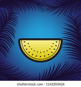 Watermelon sign. Vector. Golden icon with black contour at blue background with branches of palm trees.