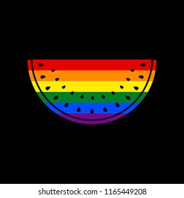 Watermelon sign. Vector. Icon with colors of LGBT flag at black background.