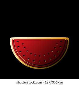 Watermelon sign. Vector. Red icon with small black and limitless shadows at golden sticker on black background.