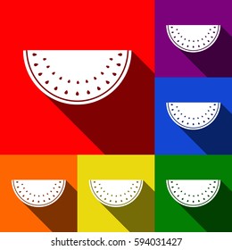 Watermelon sign. Vector. Set of icons with flat shadows at red, orange, yellow, green, blue and violet background.