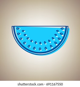 Watermelon sign. Vector. Sky blue icon with defected blue contour on beige background.