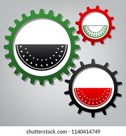 Watermelon sign. Vector. Three connected gears with icons at grayish background.