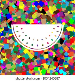 Watermelon sign. Vector. White icon on colorful background with seamless pattern from squares.