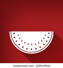 Watermelon sign. Vector. White icon with limitless shadow at ruby red background.