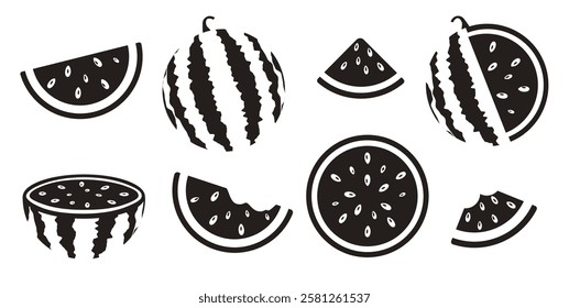 Watermelon silhouette icon clipart set. Watermelon sign and symbol summer fruit in black clip art drawing collection vector illustration. 