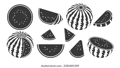 Watermelon silhouette icon clipart set. Watermelon black drawing clip art summer fruit collection hand drawn symbol vector illustration. 