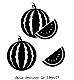 Watermelon silhouette vector, black and white, isolated on white background. Three watermelon pieces. Perfect for designs, prints, and more.