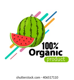 Watermelon simple background. Organic product sale template. Vector fruit and text.