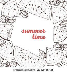 Watermelon sketch frame, hand drawn illustration. Vintage vector illustration. Ripe slices of watermelon.