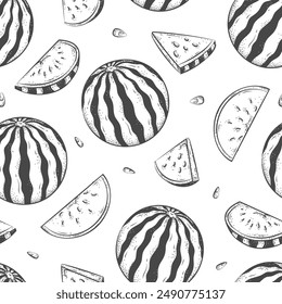 Watermelon sketch icons pattern. Vector seamless pattern of hand drawn ripe fruit pieces, halved and sliced, whole watermelons, rind, seed. Fresh organic fruit for print, fabric swatch. Healthy food