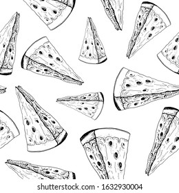 Watermelon sketch pattern. Hand drawn black slices of watermelon on white background. Seamless vector backdrop.