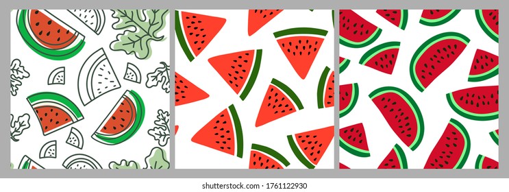 Watermelon slice. Berry seamless pattern set. Vector food fashion print. Design elements for textile or clothes. Hand drawn doodle repeating delicacies. Cute background