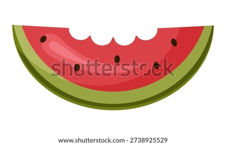 Watermelon slice with bite, smiling rind glossy red flesh dotted with black seeds, cartoon. Vector illustration