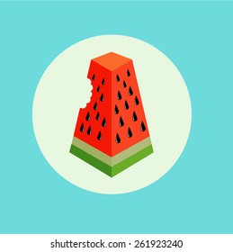 watermelon slice with a bite taken from it