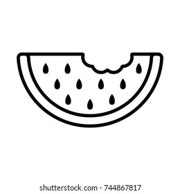 Watermelon slice with a bite taken out of it; black flat outline watermelon vector icon