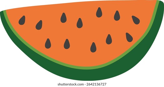 A watermelon slice with black seeds in a flat style. The juicy fruit wedge is depicted with a bold outline and smooth texture. Cartoon vector illustration.